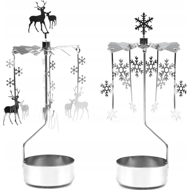 Inna (SklepikNaMedal) Set van 2 Zilverkleurige Metalen Draaiende Theelichthouders met Kerstmotief