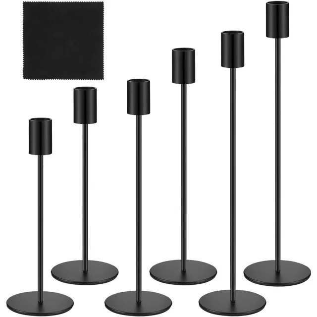Famanu Set van 6 kaarsenhouders, zwarte kaarsenstandaards in 3 verschillende hoogtes, decoratieve vintage kaarsenhouders van metaal voor feesten en diner