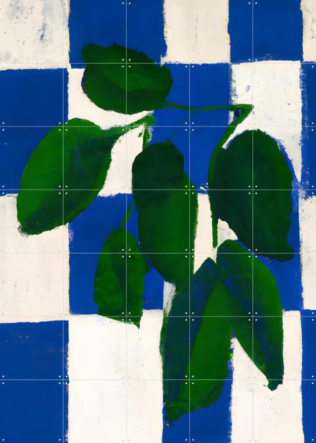 IXXI Checkered Greenery, Interiorisla - 100 x 140 cm - Grote wanddecoratie en posters - Kwaststreken, Studeerkamer, Woonkamer, Eetkamer, Trap, Gang Groen / Blauw