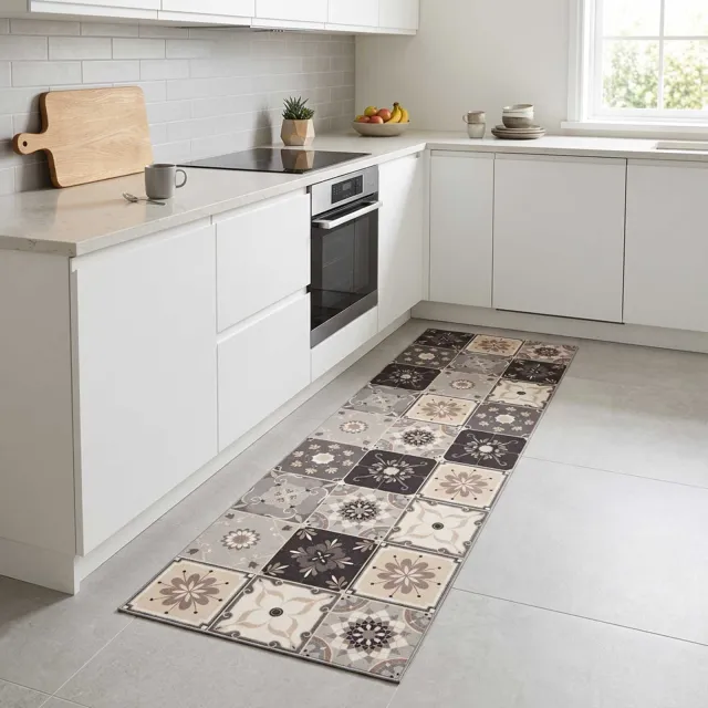 vidaXL Keuken Vloerkleed Grijs-beige mozaïek 180 x 60 cm