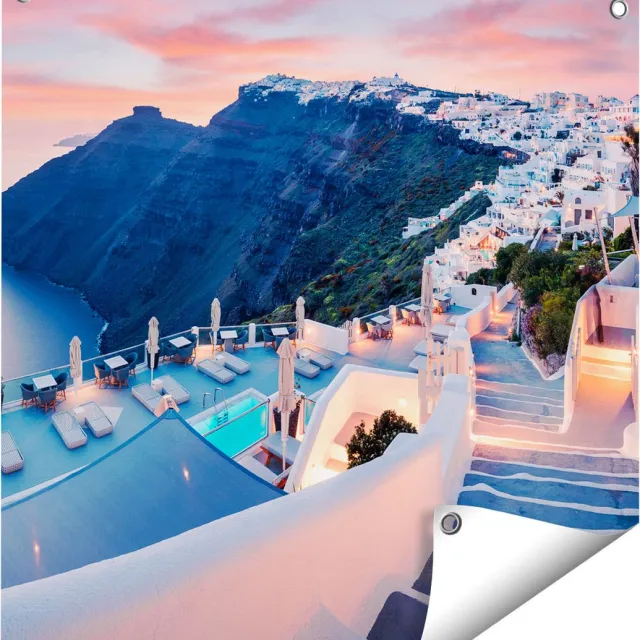 Gards Tuinposter Luxe Huisjes aan de Kust in Fira, Griekenland - 60x60 cm - Tuindoek - Tuindecoratie - Wanddecoratie buiten - Tuinschilderij Multikleur
