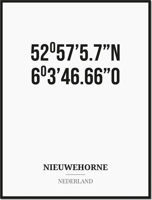 Studio216 Poster/kaart NIEUWEHORNE met coördinaten zwart, wit