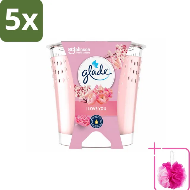 Glade 5 x Glade - Geurkaars I Love You - 100% Raapzaadwas & Vegan - 112 g - Bulkverpakking - Geurkaars - Douchemop - Vegan roze