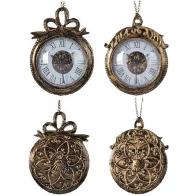 Decoris Kersthangers klok - messing - 13 cm - set van 2x - kerstboomversiering Brons