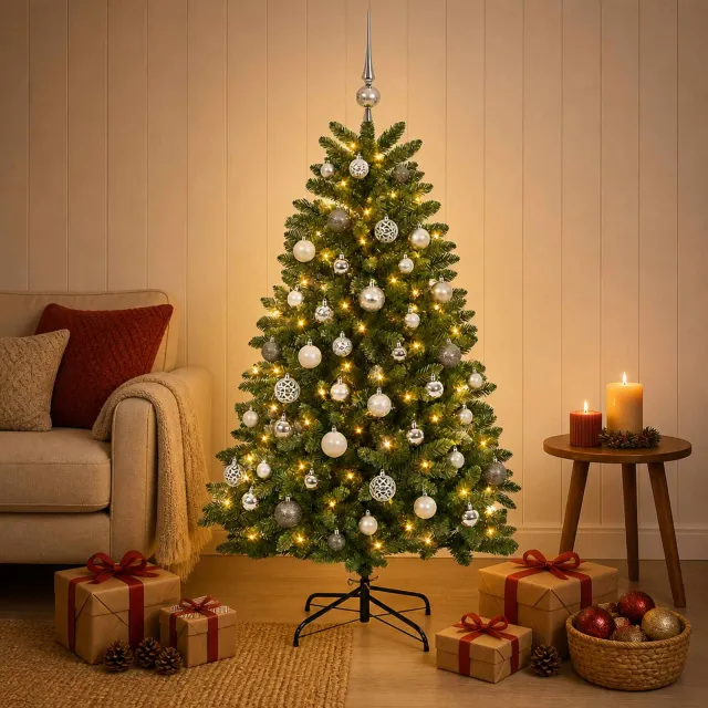 vidaXL Kunstkerstboom middengroen met kerstbal 150 cm 150 LED's