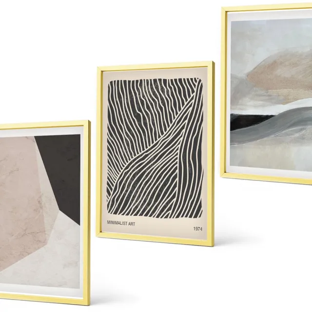 Coloray 3-Delige Schilderij Set - Abstracte Patronen, Vormen, Decoratieve Boho-Stijl - 40 x 40 cm En 40 x 60 cm - Schilderijen Set - Wanddecoratie - Woonkamer - Woonkamer Decoratie Gouden lijst