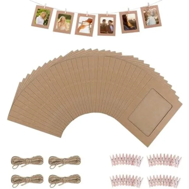 PromoHome Kraft Papieren Fotolijst Set - 40 Stuks Bruine Lijsten met Natuurlijke Touw en Houten Klemmen voor Wanddecoratie