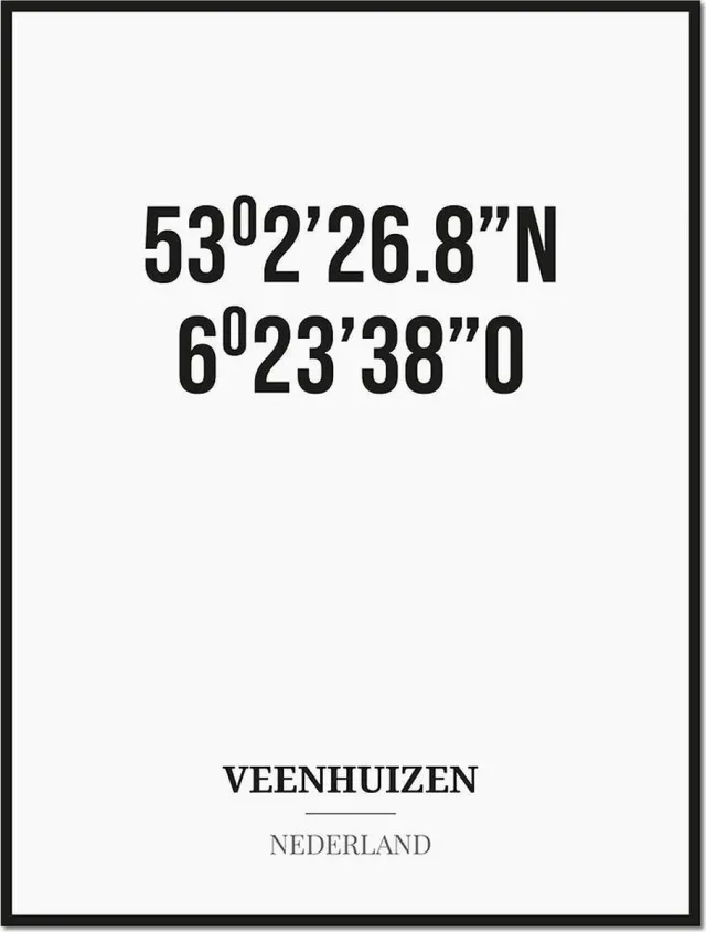 Studio216 Poster/kaart VEENHUIZEN met coördinaten zwart, wit