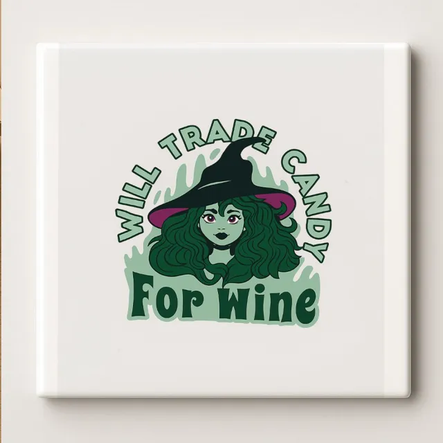 Nevolis Grappige Heks Tegel “Will Trade Candy for Wine” 15x15 cm – Humoristische Halloween Keramische Wanddecoratie Cadeau voor Wijnliefhebbers Multi Color
