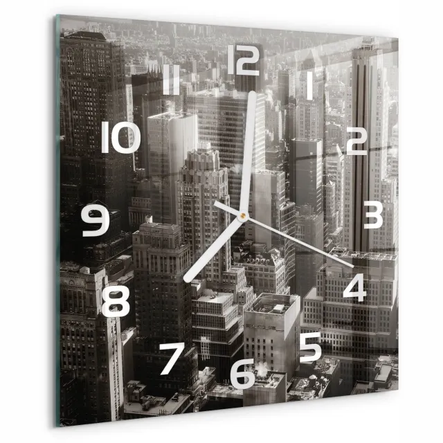 TULUP Wandklok - New York Glazen Wandklok Design - 30x30 cm - Zwart-wit Klok Glas Met Opdruk - Witte handen - Vierkante Klok - Wandklok Glas Met Motief - Decoratieve Glazen Klok
