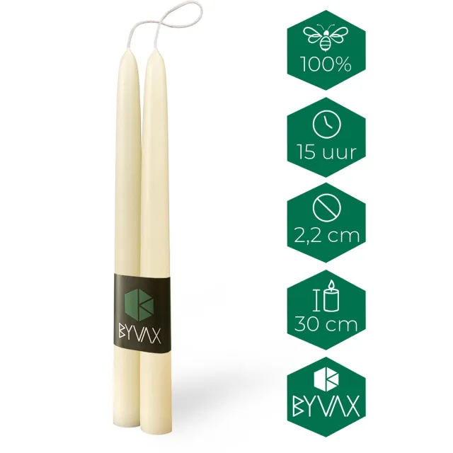 BYVAX 8 Bijenwas Dompelkaarsen | WIT | 30cm Hoog | 100% Zuivere bijenwas | Dinerkaarsen