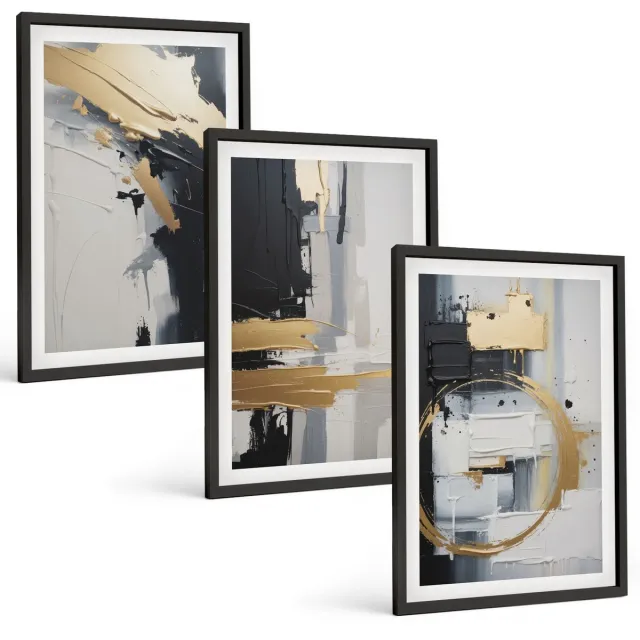 Coloray 3-Delige Schilderij Set - Abstracte Schilderijen In Zwart-Wit - 40 x 60 cm - Decoratieve Schilderijen - Wanddecoratie - Hal Zwarte lijst