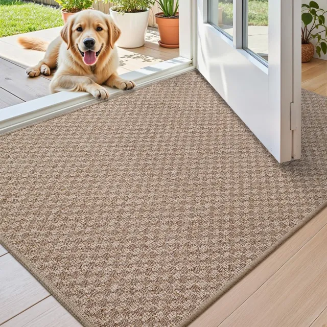 Famanu Mini indoor deurmat van 44 x 76 cm, vuil- en vochtvangend, antislip rubberen achterkant, dunne binnendeurmat voor appartement en entree, kaki Zwart