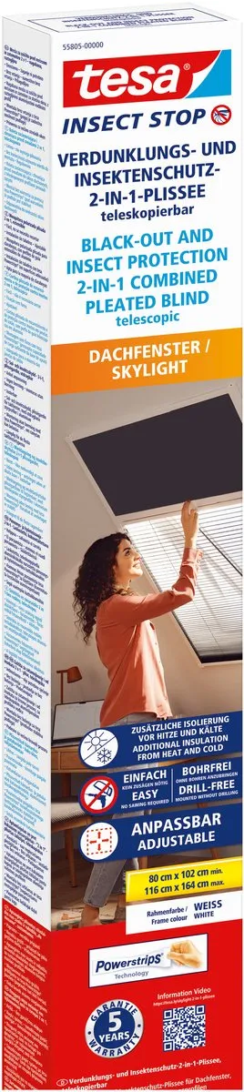 Tesa INSECT STOP Duo Pleated Insect Screen for Roof Windows - verstelbaar, montage zonder boren, witte profielen, plissé antraciet - max. 116 x 164 cm