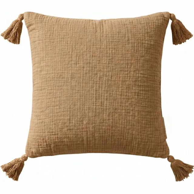 Homescapes mousseline kussen mokkakleur met kwastjes, 45 × 45 cm – katoenen kussenhoes inclusief vulling Mokkabeige