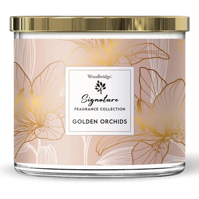 Woodbridge Luxe Geurkaars Met 3 lonten GOLDEN ORCHIDS - bergamot steranijs heliotroop viooltjes lelietjes Van dalen goud/ivoor/taupe