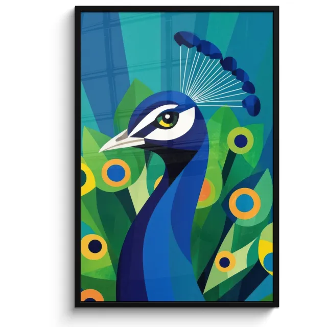 FrameYourWall Poster in lijst - Fotolijst 80x120 cm - Posters - Pauw - Cirkels - Blauw - Posterlijst zwart - Decoratie - Wanddecoratie woonkamer - Muurdecoratie slaapkamer Pauw - Veren