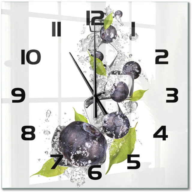 TULUP Wandklok - Bosbessen met ijs Moderne Wandklok Glas - 60x60 cm - Zwart Wandklok Glas Decoratie - Zwarte handen - Vierkante Klok - Glazen Wandklok Design - Klok Glas Met Opdruk