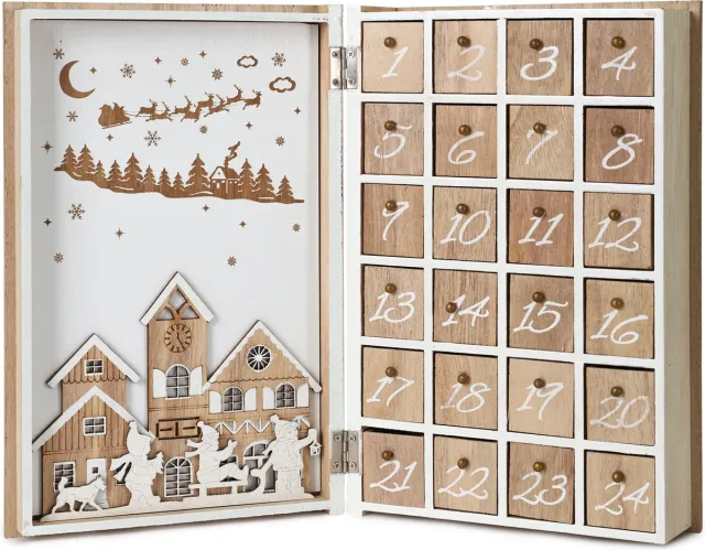 Brubaker Herbruikbare Houten Adventskalender Zelf te vullen - Vrolijk kerstboek - Doe het zelf Kerstkalender _ 19,6 x 7,5 x 30 cm Merry christmas