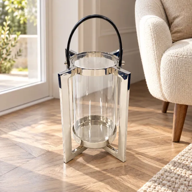 Hoppa! Lantaarn met cilindervormige houder - Transparant/Chroom - 22 x 22 x 52 cm (B x D x H)