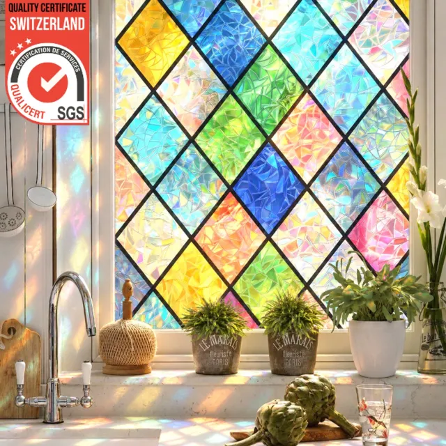 Homewell 3D Regenboog Raamfolie HR++(+) - Anti-Inkijk - Isolerend & Zonwerend - 45x300cm – Statisch - Glas in Lood - Prisma Ruit Multi Color