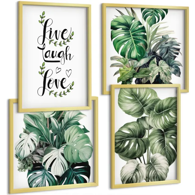 TULUP 4-Delige Schilderij Set - Bladrijke planten met de woorden Leef, Lach, Houd van - 40 x 40 cm en 40 x 60 cm - Decoratieve Schilderijen - Wanddecoratie - Hal - Interieur Decoratie Gouden lijst