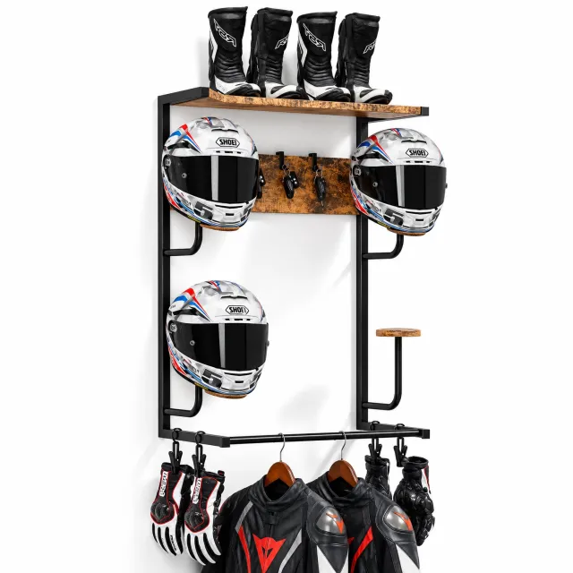 Kymmi Motorhelmhouder - Motorhelm wandrek - Helmhouder - Kapstok - 4 Helmsteunen - Wandmontage - Ophanghaken - Zwart/hout kleurig