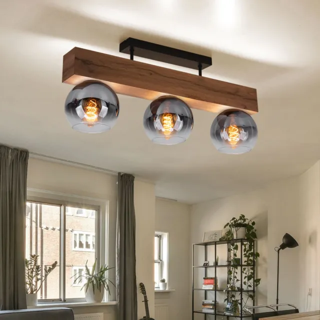 Globo Plafondlamp slaapkamerlamp plafondspot houtlook 3-lichts plafondlamp, rookglas, metaal MDF, 3x E27 fitting, LxH 65 x 28 cm Bruin