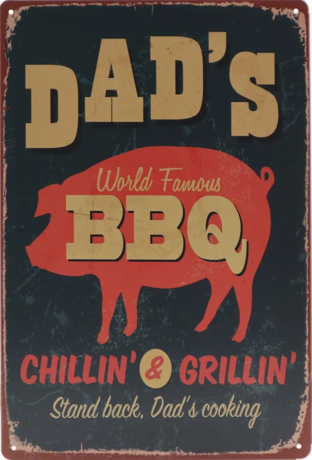 Vintage art Wandbord – Dad’s BBQ - Barbeque - Retro - Wanddecoratie – Reclame bord – Restaurant – Kroeg - Bar – Cafe - Horeca – Metal Sign – 20x30cm Multi
