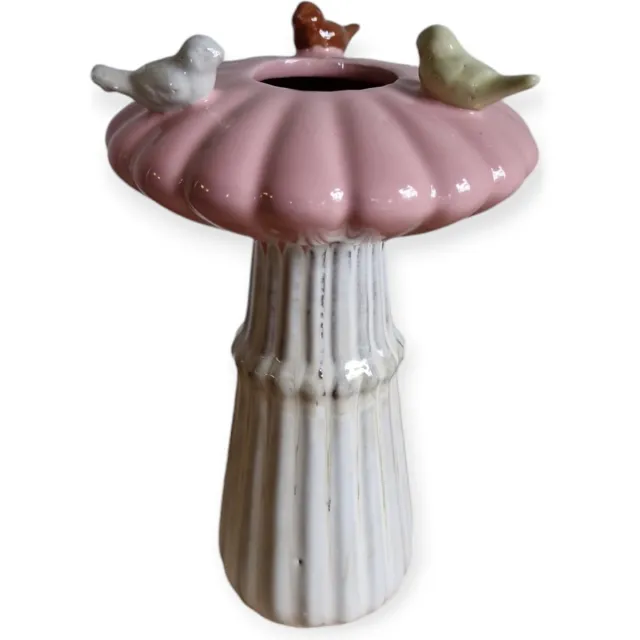 DK design Daan Kromhout - Vaas - Paddenstoel - Met Vogeltjes - Creme - Roze -16x25cm