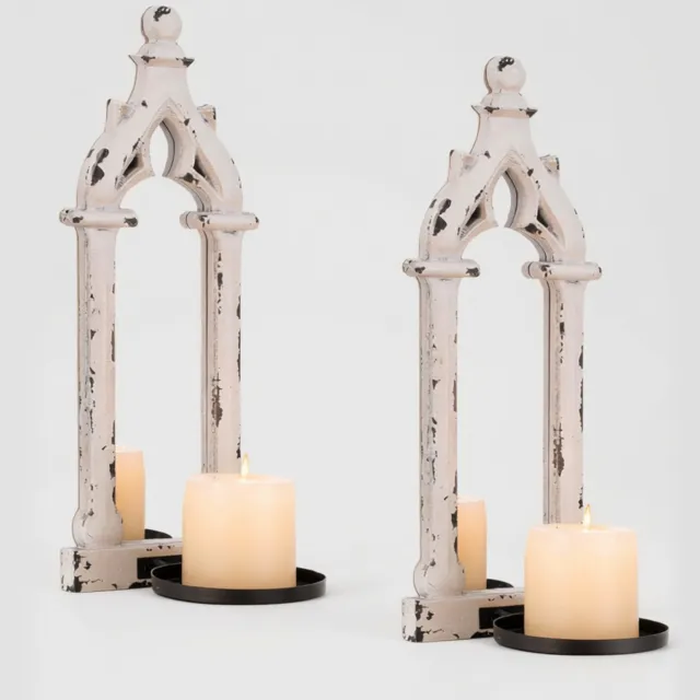RALA Set van 2 vintage witte wandkandelaars - Gotische houten wanddecoratie met spiegel - 40 cm - Voor woonkamer, badkamer en hal