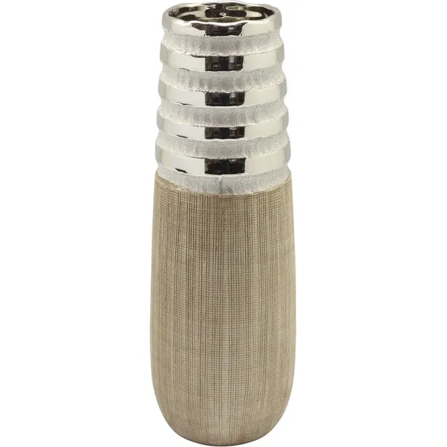 Gilde Newtown Keramische Vaas – Zilver met Houtlook – 31 cm – Decoratieve Woonvaas zilver,hout