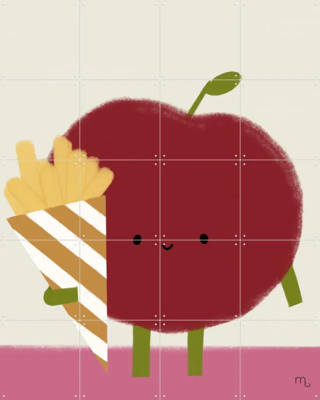 IXXI Pomme Friet, Stadse Spruiten | door Miek illustreert - 80 x 100 cm - Grote wanddecoratie en posters - Kleurrijk, Illustraties, Digitale Kunst Rood