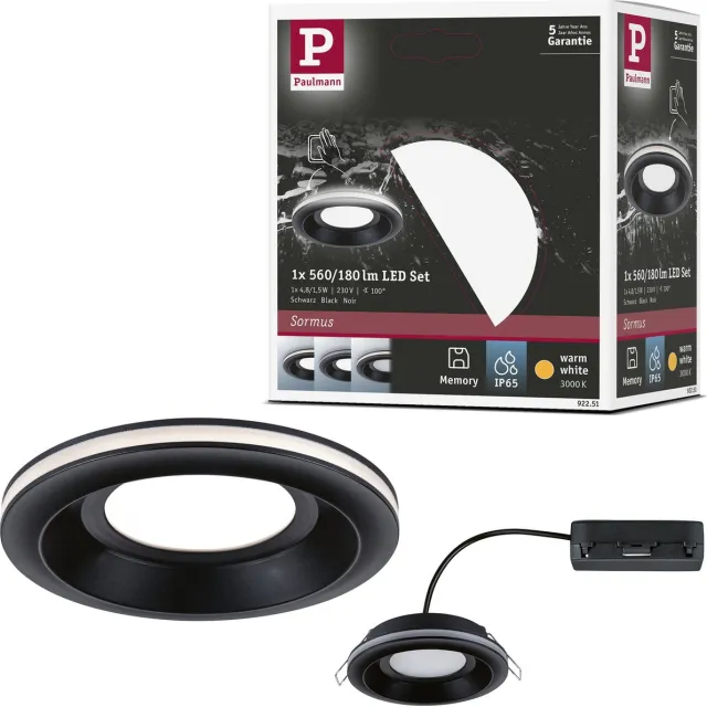 Paulmann LED-inbouwlamp Sormus Enkele lamp IP65 rond 100 mm 4,8W / 1,5W 300lm 230V 3000K Zwart