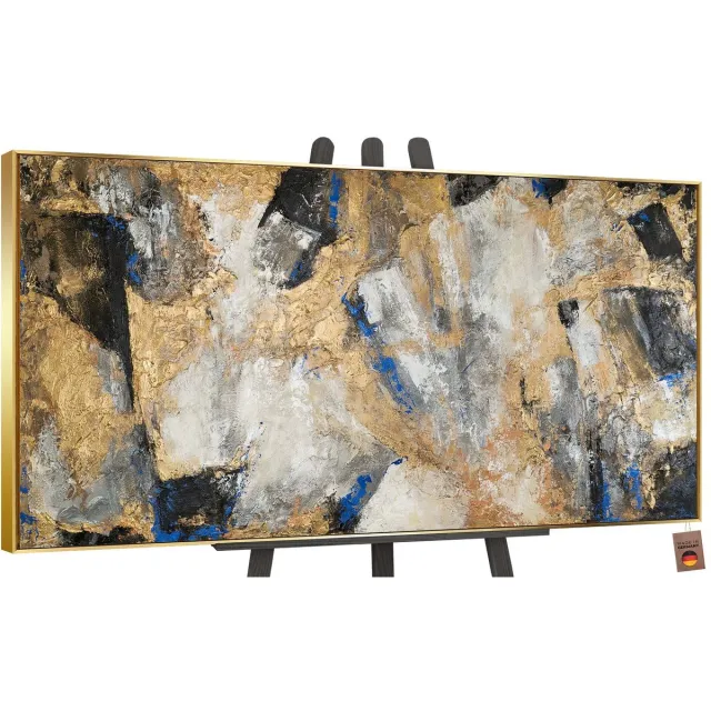 YS Canvas schilderij groot handgeschilderd gouden contrast abstract krachtig – YS-Art Gallery – Luxe wanddecoratie voor woonkamer – Modern schilderij voor slaapkamer en kantoor Gold