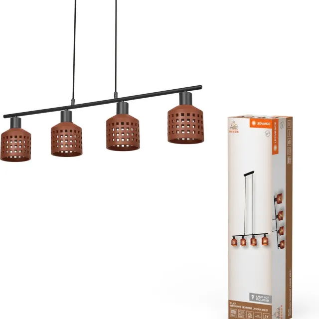 LEDVANCE Decor Clay Windows Hanglamp van klei en metaal, met venstervormige lampenkappen in bruin, 4-lichts, E27-fitting, voor moderne verlichting, zonder lichtbron