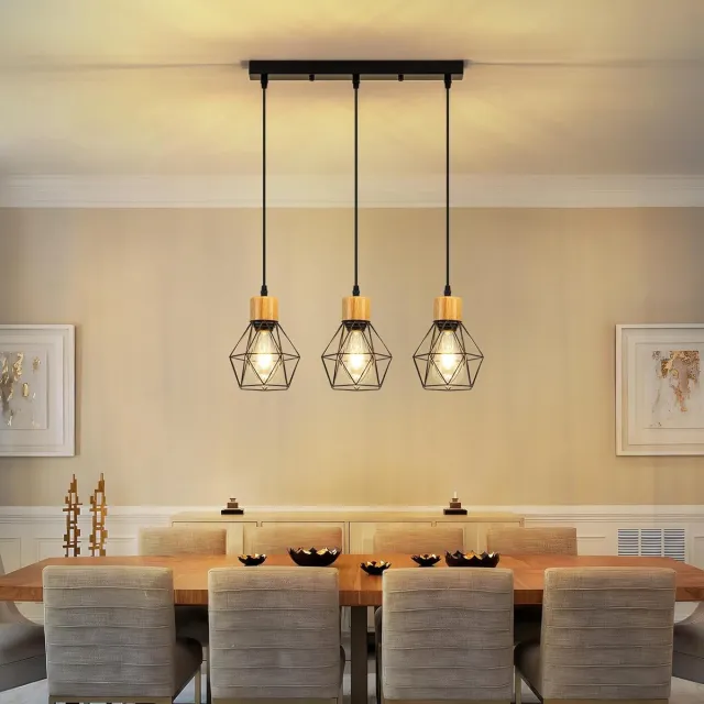 Glitzerlife Hanglampen - Vintage Industriële Stijl - 3xE27 - Hoogteverstelbaar - Metaal Hout Materiaal - Ø45cm - Zwart - Hanglamp Eetkamer Woonkamer Keuken - Hanglampen Eetkamer Industrieel