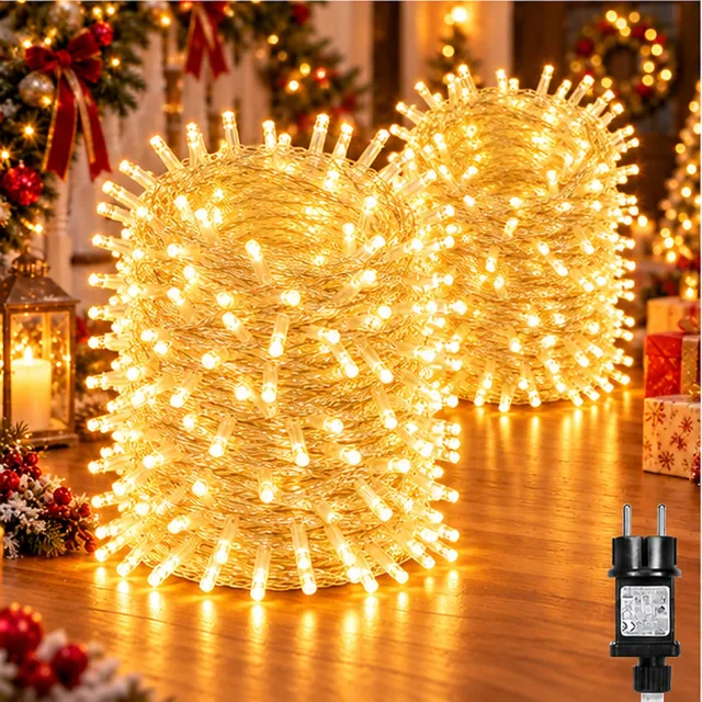 MUPOO LED Kerstverlichting Lichtsnoer Buiten 2 Stuks-Fairy Lights IP44-Lichtslinger met 8 Lichtstanden&Geheugen-Timer 6U/18U-Veilige 31V Laagspanning&Energiezuinig-Kerstboomverlichting voor Schutting,Gevel,Kerst-400 LED-50m-Warm Wit