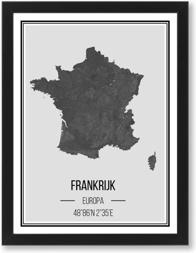 PRNTS Landenprint - Frankrijk- Landenprint- Poster - Zwarte lijst - Wanddecoratie - 21x30cm Zwart, wit