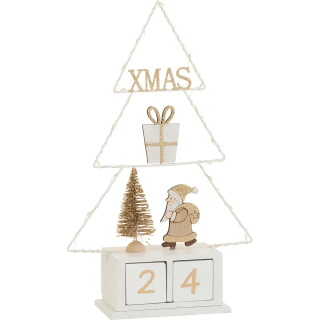 J-Line decoratie Kerstboom Kalender - hout - wit/goud - LED lichtjes