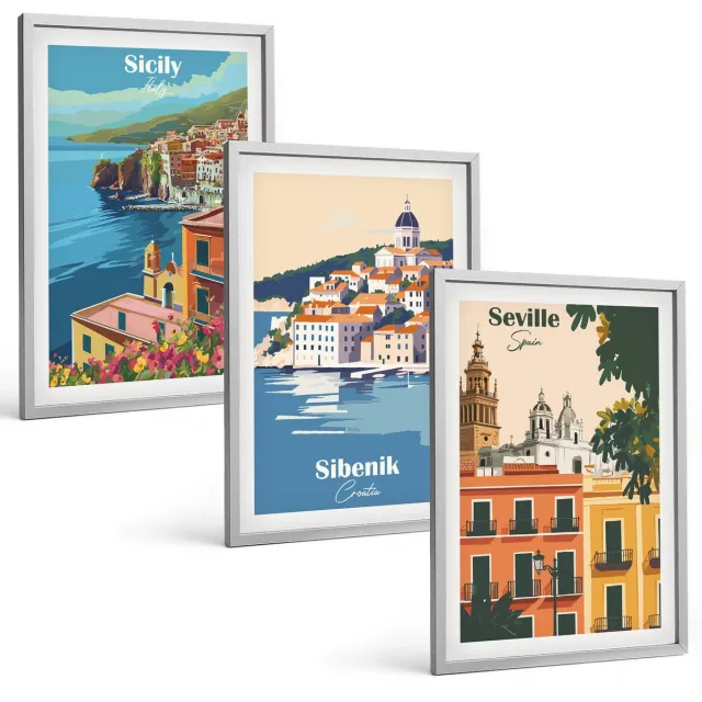 Coloray 3-Delige Schilderij Set - Europese Stadsgezichten Met Kleurrijke Gebouwen - 40 x 60 cm - Wanddecoratie - Moderne Interieurdecoratie - Decoratieve Schilderijen Zilveren lijst