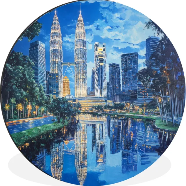 WallCircle Wandcirkel - Muurcirkel - Stad Kuala Lumpur - Skyline - Wolkenkrabbers - Water - Aluminium - Dibond - 90x90 cm - Binnen en Buiten Stad - Skyline