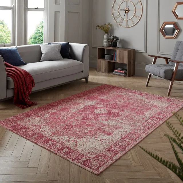 flycarpets Vintage Vloerkleed - Antique Traditioneel - Laagpolig - Medaillon - Roze - 155x230 cm Creme