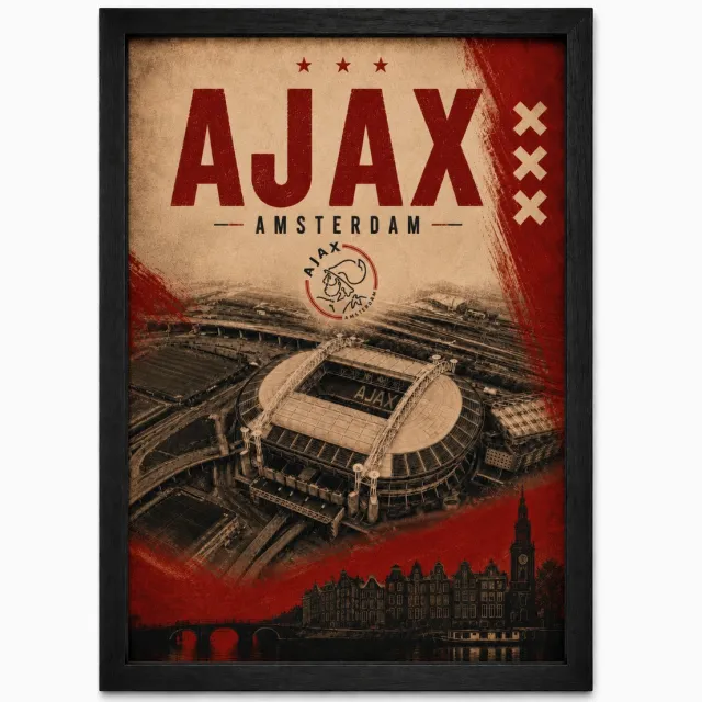 Joshimo Ajax Poster | Johan Cruijff ArenA Vintage Art Print | Amsterdam Retro Voetbal Schilderij | Inclusief Zwarte A4 Lijst