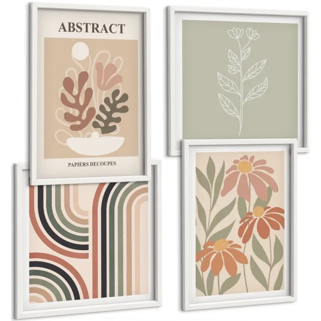 Coloray 4-Delige Schilderij Set - Abstracte Planten En Patronen In Pastelkleuren - 40 x 40 En 40 x 60 - Wanddecoratie - Schilderijen Set - Interieur - Muurdecoratie Witte lijst