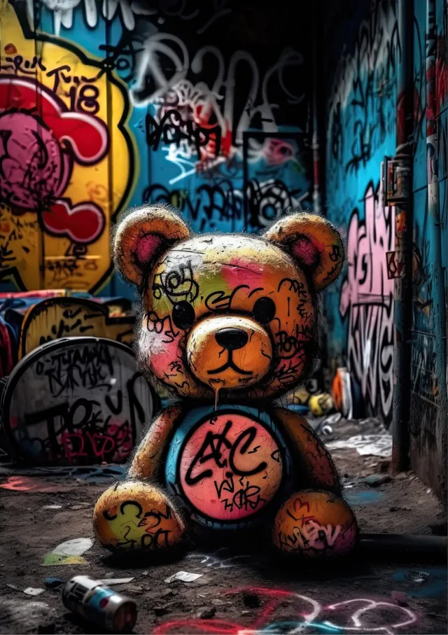 Art-Empire Luxe Wanddecoratie - Foto - Dibond - Aluminium Ophangsysteem - Bear Graffitti Koper