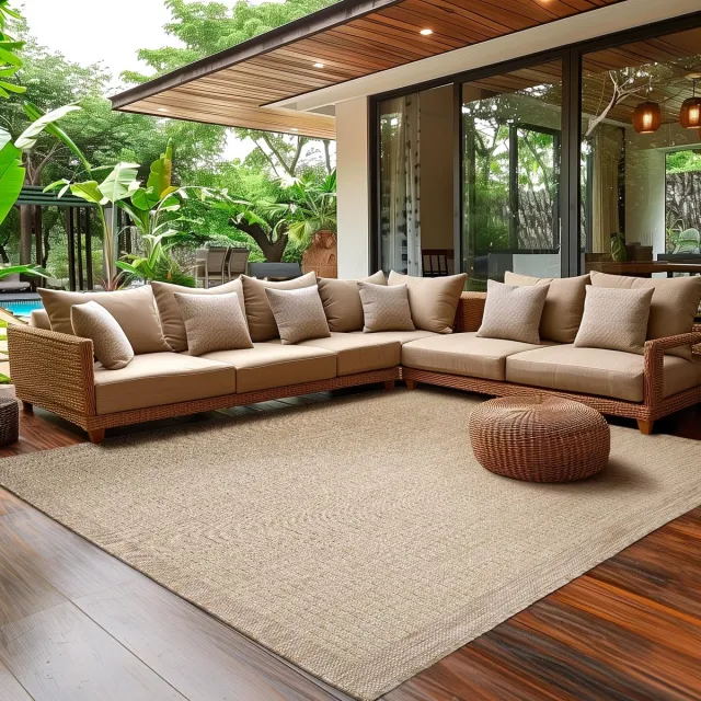Famanu Indoor outdoor vloerkleed met afmetingen 140 x 200 cm, beige effen, wasbaar en waterdicht, ideaal voor balkon, terras en woonkamer