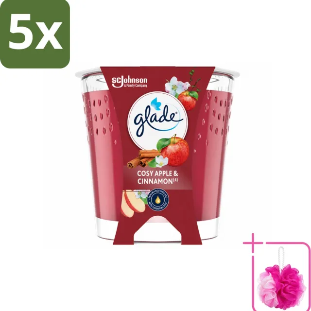 Glade 5 x Glade - Geurkaars Cosy Appel Kaneel - 100% Raapzaadwas & Vegan - 112 g - Bulkverpakking - Geurkaars - Douchemop - Vegan rood