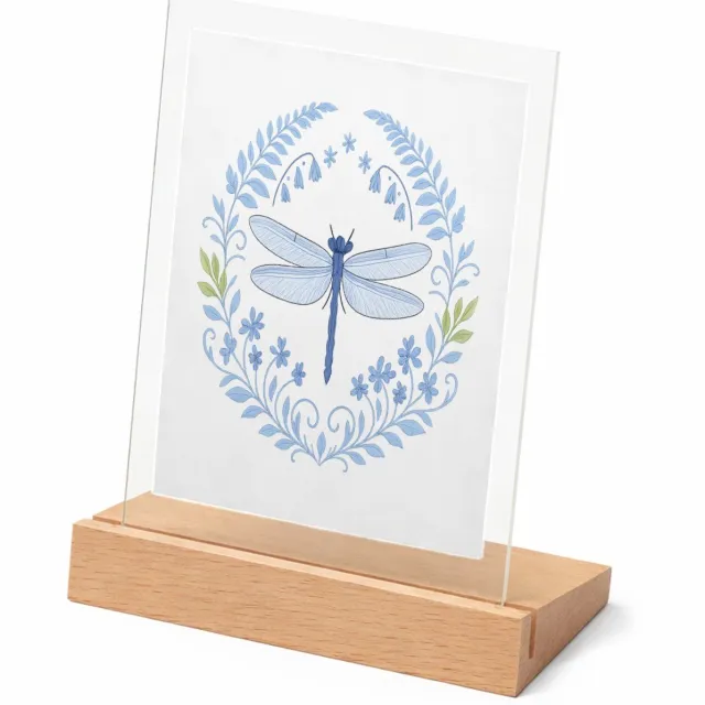 Mr Cadeautjes Glasframe met vaste tekst - design Serene bosrand met libellen en varens in een verfijnd blauw| cadeau Wit
