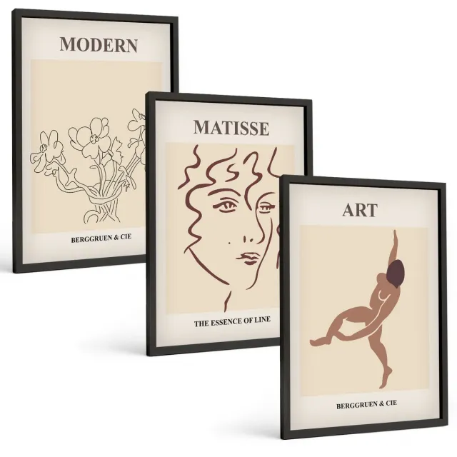 Coloray 3-Delige Schilderij Set - Stijlvolle Afbeeldingen Met Bloemen, Gezichten En Mensfiguren. - 40 x 60 cm - Decoratieve Schilderijen - Wanddecoratie - Hal - Stijlvolle Muurdecoratie Zwarte lijst